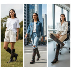 Tuhoomall Western Style Knee-High Boots, Embroidered Vegan Leather, 5.5cm Chunky Heel, Fashion Casual for All Seasons