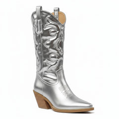 Tuhoomall Comfortable Western Boots for Women – 6cm Low Chunky Heel, Slip-On Design with Floral Embroidery - Fashionable All-Season Style