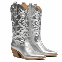 Tuhoomall Comfortable Western Boots for Women – 6cm Low Chunky Heel, Slip-On Design with Floral Embroidery - Fashionable All-Season Style