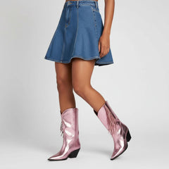 Tuhoomall Western Mid Calf Boots for Women, Metallic Bright Surface with Fringe, Slip-On, Casual Style, Chunky Heel, Perfect for Parties and Performances