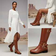 Tuhoomall Knee High Boots For Women With Round Toe And Low Chunky Heel, Classic Style For Parties And Performances, Adjustable Buckle Closure, Retro Fashion