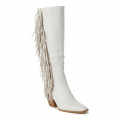 Tuhoomall Western Knee High Boots with Fringe, Round Toe, Chunky Heels for Stylish Casual Fashion, All Season Comfort