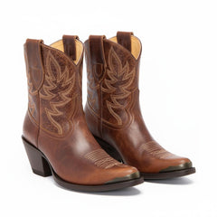 Tuhoomall Western Style Ankle Boots For Women, Vintage Plain Leather, Low Heel, Casual Chic, All-Season Fashion, Unique Embroidery Design