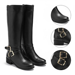 Tuhoomall Knee High Boots For Women With Round Toe And Low Chunky Heel, Classic Style For Parties And Performances, Adjustable Buckle Closure, Retro Fashion
