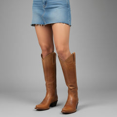 Tuhoomall Retro Western Knee-High Boots for Women, Stylish Leather Design with Embroidery, Slip-On Comfort, Ideal for Work and Casual Wear