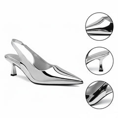 Tuhoomall Comfortable Kitten Heel Slip-On Shoes, Metallic Finish, Fashionable for Work and Travel, Made with Genuine Leather, Perfect for Spring and Summer