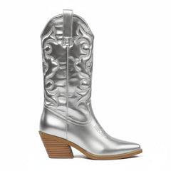 Tuhoomall Comfortable Western Boots for Women – 6cm Low Chunky Heel, Slip-On Design with Floral Embroidery - Fashionable All-Season Style