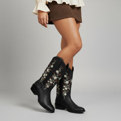 Tuhoomall Comfortable Western Boots for Women with Embroidery, Rubber Sole, Chunky 5cm Heel - Fashionable Casual Footwear for All Seasons