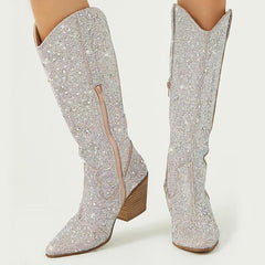 Tuhoomall Rhinestone Western Mid Calf Boots For Women - Chunky Heel & Easy Zip Closure, Stylish For Travel And Weddings