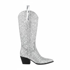 Tuhoomall Western Block Heel Ankle Boots with Glitter Detail, 2.50 in Heel Height, Stylish for Parties and Performances, Faux Leather Lining