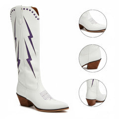 Tuhoomall Western Cowgirl Mid Calf Boots with Chunky Heel, Pointed Toe, Embroidered Design, Slip-On Style for Fashionable Casual Wear