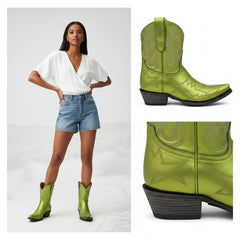 Tuhoomall Western Mid Calf Boots for Fashion and Outdoor, Embroidered Snip-Toe Design, Chunky Heel, Slip-On Style, All-Season Comfort