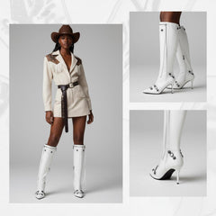 Tuhoomall Comfortable Knee-High Fashion Boots with Zip and Studded Design, 10cm High Heel for Parties, Weddings, and Everyday Stylish Looks