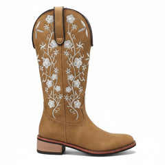 Tuhoomall Comfortable Western Boots for Women - Floral Embroidered Design, Slip-On Style, Outdoor Fashion - Perfect for Everyday Wear