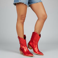 Tuhoomall Metallic Cowboy Ankle Boot with Chunky Block Heel, Pointed Toe, Embroidered Design for Casual Fashion Use, Vegan Leather, All Seasons