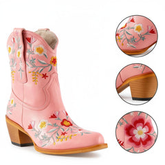 Tuhoomall Stylish Western Ankle Boots with Floral Embroidery, Rubber Sole, Chunky 5cm Heel for Classic and Casual Looks