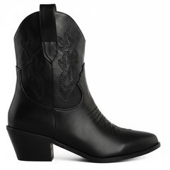 Tuhoomall Western Ankle Boots with Embroidered Pattern, 5cm Chunky Heel, Slip-On Design for Fashion and Travel, Durable Synthetic Fabric Lining