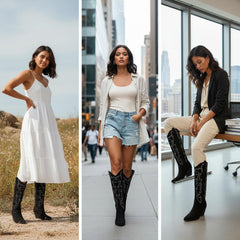 Tuhoomall Western Mid Calf Boots With Floral Embroidery And Rhinestones, Casual Style For Parties And Travel, Comfortable Rubber Sole, Chunky Heel 3.00 in