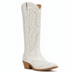 Tuhoomall Western Knee-High Cowgirl Boots with Chunky Heel and Floral Embroidery for Outdoor Fashion and Casual Wear