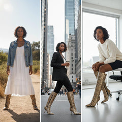 Tuhoomall Fashion Casual Knee High Boots for Women, Snakeskin PU, Pointed Toe, Adjustable Buckle, Rubber Sole, Chic Street Style