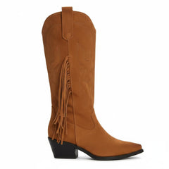 Tuhoomall Western Style Mid-Calf Boots with Tassels, Casual Fashion Footwear, Chunky Heel, Faux Suede, Zipper Closure, All-Season Design