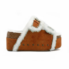 Tuhoomall Blue Faux Suede Fur-Lined Studs Double Buckle Strap Round Platform Cork Sandals Slippers