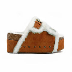Tuhoomall Blue Faux Suede Fur-Lined Studs Double Buckle Strap Round Platform Cork Sandals Slippers Tuhoomall