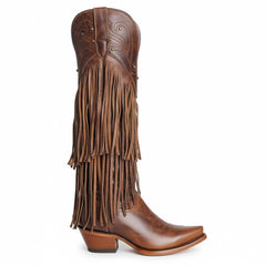 Tuhoomall Western Knee-High Cowboy Boots, Chunky Heel, Fringe & Studs, Retro Style, Casual Wear, All Seasons