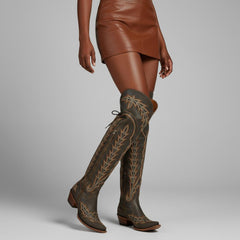 Tuhoomall Western Knee High Boots for Women, Floral Embroidery, Rubber Sole, Adjustable Buckle, Chunky Heel, All-Season Casual Wear