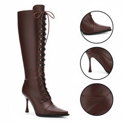 Tuhoomall Fashion Women's Knee-High Stiletto Boots, Elegant Party Wear with Lace-Up and Studs, Perfect for Weddings and Casual Outings