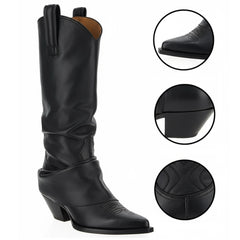 Tuhoomall Comfortable Mid Calf Boots with Chunky Heel, Slip-On Design, Ruched Pattern for Casual Style