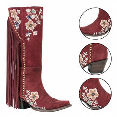 Tuhoomall Western Cowboy Boots for Women, Floral Embroidered Mid-Calf Chunky Heel, Trendy Fringe Detail, Perfect for Casual Outings and Performances