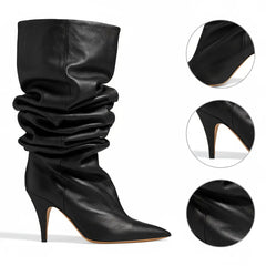 Tuhoomall Khaki Ruched Pointed-Toe Knee-High Boots for Women, Casual Slip-On Style with Sturdy Chunky Heel Tuhoomall