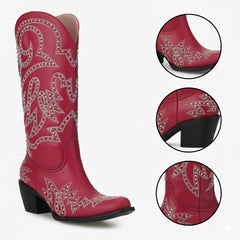 Tuhoomall Western Cowgirl Boots for Women, Mid Calf Slip-On Boot with Embroidery and Rhinestones, Chunky Heel for Outdoor Parties and Performances