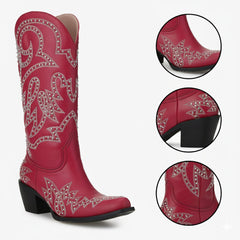 Tuhoomall Western Cowgirl Boots for Women, Mid Calf Slip-On Boot with Embroidery and Rhinestones, Chunky Heel for Outdoor Parties and Performances Tuhoomall