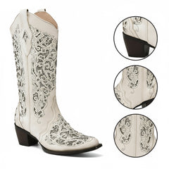 Tuhoomall Cowboy Boots for Women Western Square Toe Mid Calf White Cowgirl Boots Rhinestone Chunky Wedding