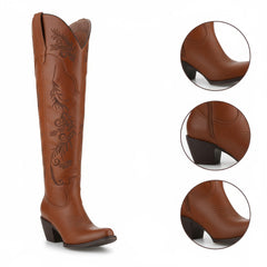 Tuhoomall Western Knee-High Boots with Zipper Closure, Chunky Heel, Embroidered Floral Design, Durable Rubber Sole for Fashion Parties and Travel