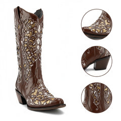Tuhoomall Cowboy Boots for Women Western Square Toe Mid Calf White Cowgirl Boots Rhinestone Chunky Wedding