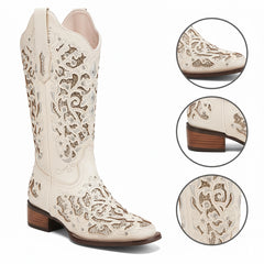 Tuhoomall Western Style Embroidered Mid-Calf Boots For Fashion, Travel, Outdoor - Chunky Heel, Faux Suede, Slip-On, Rhinestones, 3cm Heel Height