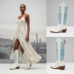 Tuhoomall Western Mid Calf Boots for Women, Embroidered Vegan Leather, Casual Chunky Heel, Spring Autumn Winter Fashion