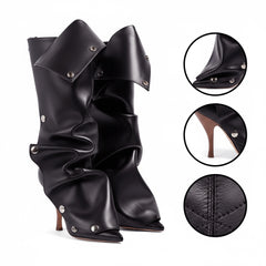 Tuhoomall Mid Calf Stiletto Boots for Women, Pointed-Toe Denim Heels with Button Detail for Fashion Parties and Events