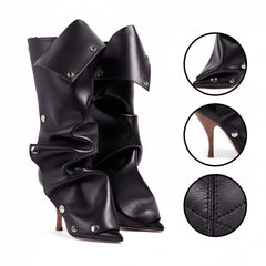 Tuhoomall Mid Calf Stiletto Boots for Women, Pointed-Toe Denim Heels with Button Detail for Fashion Parties and Events Tuhoomall