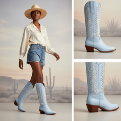 Tuhoomall Western Mid Calf Boots for Women, Embroidered Vegan Leather, Casual Chunky Heel, Spring Autumn Winter Fashion