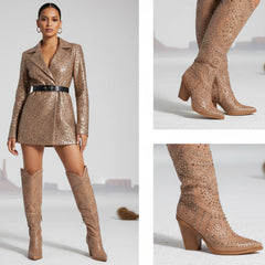 Tuhoomall Western Style Mid Calf Cowboy Boots with Chunky Heel, Pointed Toe, Zipper Closure, Studded Design, Vegan Leather, Ideal for Spring, Fall & Winter