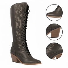 Tuhoomall Womens Chunky Heel Cowboy Western Boots Lace Up Retro Mid Calf Boots Riding Snip Toe Cowgirl Riding Boots Tuhoomall