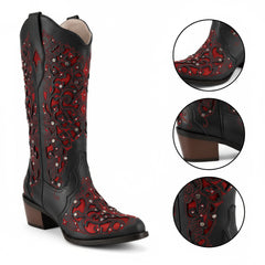 Tuhoomall Cowboy Boots for Women Western Square Toe Mid Calf White Cowgirl Boots Rhinestone Chunky Wedding
