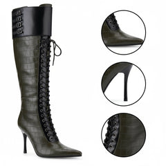 Tuhoomall Knee-High Pointed Toe Women's Fashion Boots with Cross Straps and Metal Accents for Parties and Performances, Stylish and Functional