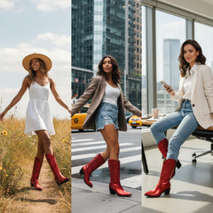 Tuhoomall Western Style Embroidered Mid Calf Boots for Women, Pointed Toe, Chunky Low Heel, Fashionable All-Season Footwear, Perfect for Parties