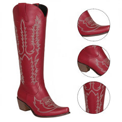 Tuhoomall Western Knee-High Cowgirl Boots with Embroidery, Chunky Heel, Slip-On Design for Outdoor Adventures