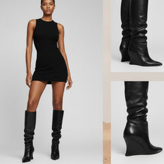 Tuhoomall Knee High Comfortable Wedge Booties With Pointed Toe For Parties, Performances, Fashion Events, Featuring Ruffled Design And Rubber Sole